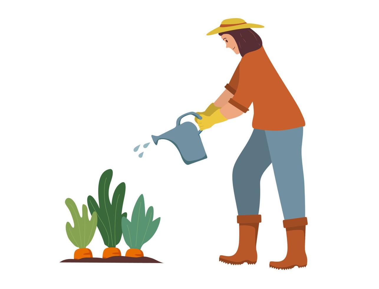 vrouw tuinman water planten uit een gieter.agriculture tuinman hobby. tuinier persoon. vrouw die groenten een wortel water geeft. werk in de tuin. boer die plant water geeft. vector