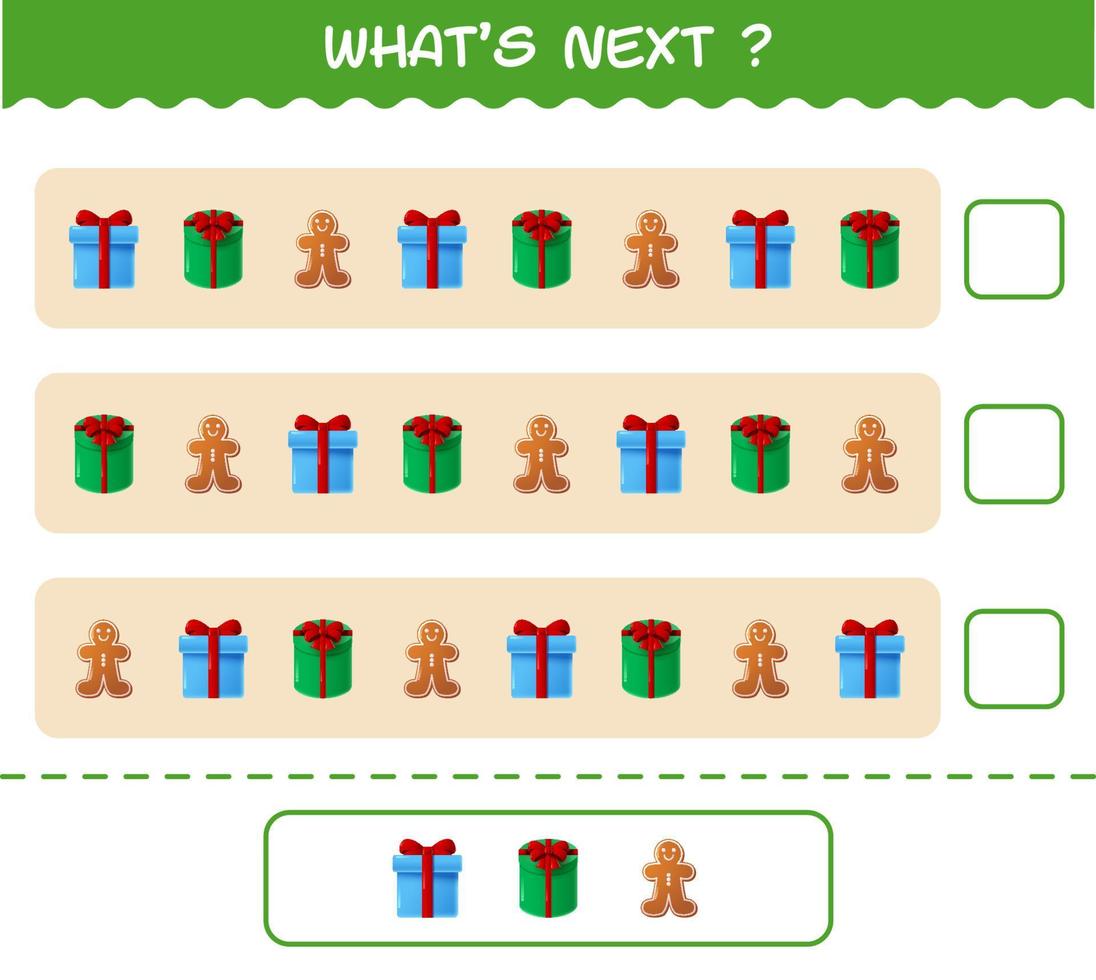 wat komt er daarna educatief spel van cartoonkerstmis. vind de regelmaat en ga verder met de rijtaak. educatief spel voor kleuters en peuters vector