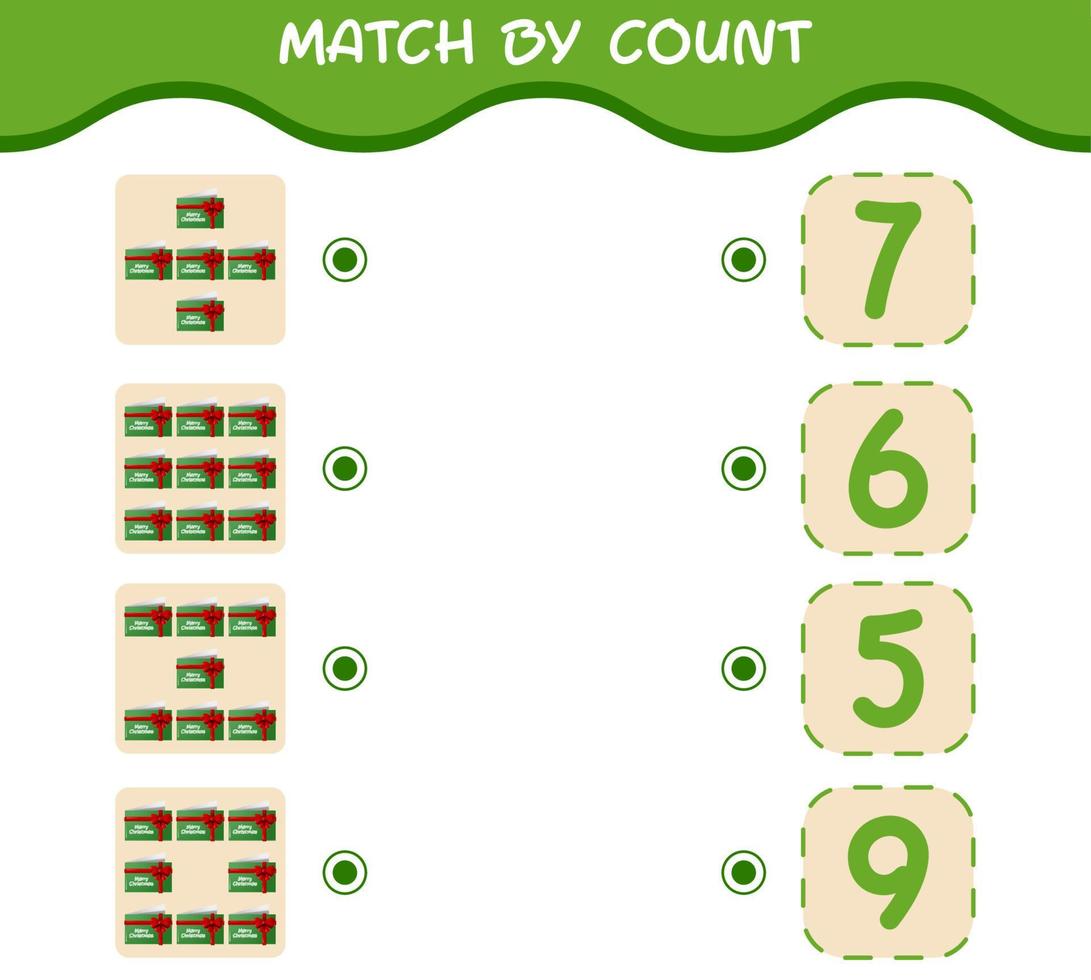 match door telling van cartoon kerstkaart. match en tel spel. educatief spel voor kleuters en peuters vector