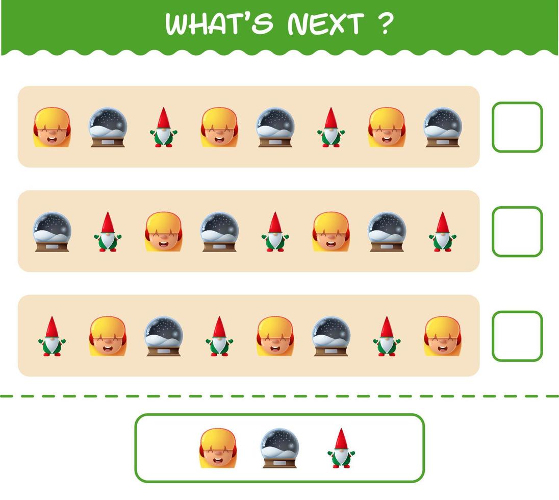 wat komt er daarna educatief spel van cartoonkerstmis. vind de regelmaat en ga verder met de rijtaak. educatief spel voor kleuters en peuters vector