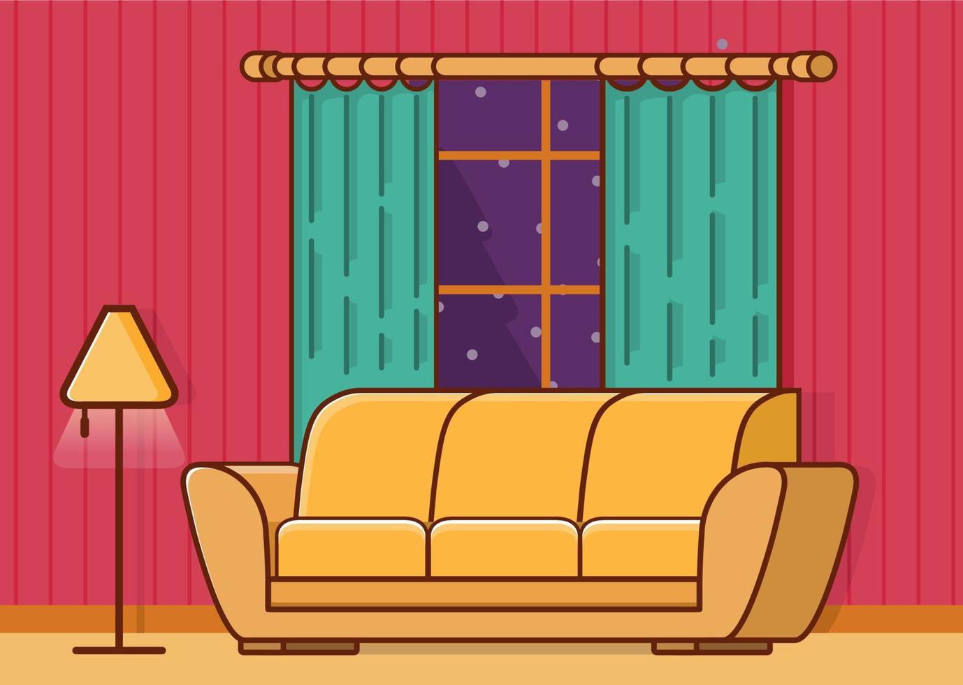 concept van het interieur van de woonkamer met een bank en een raam met gordijnen en een staande lamp. een platte illustratie lijn kunst vector. vector
