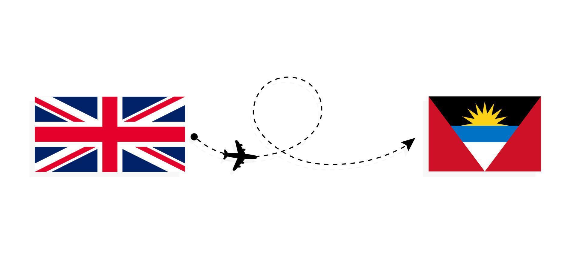 vlucht en reis van het Verenigd Koninkrijk van Groot-Brittannië naar Antigua en Barbuda per reisconcept voor passagiersvliegtuigen vector