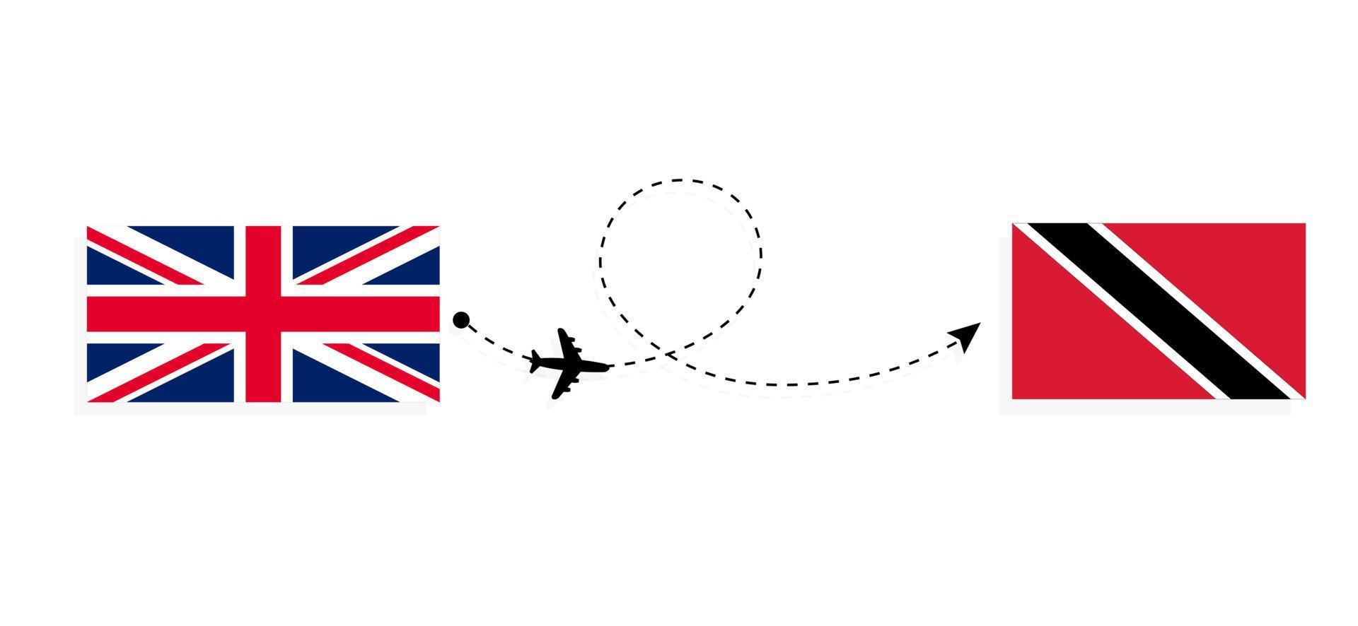 vlucht en reis van het verenigd koninkrijk van groot-brittannië naar trinidad en tobago per passagiersvliegtuig reisconcept vector