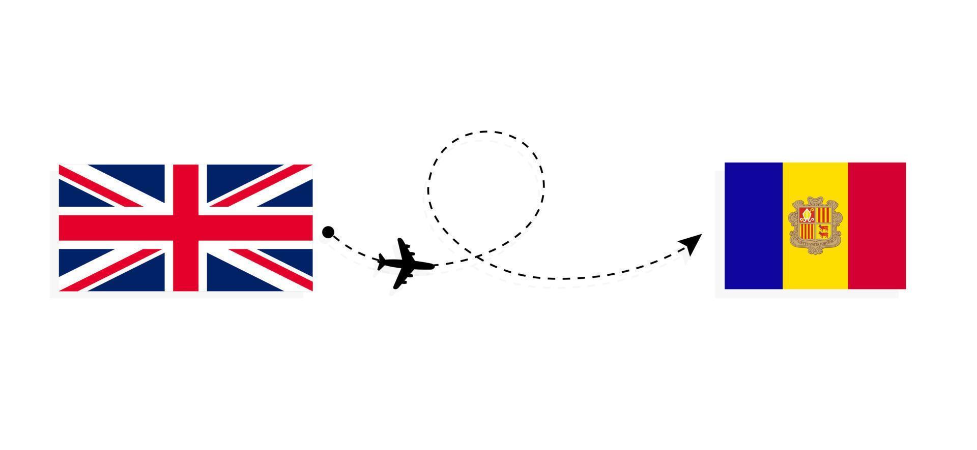 vlucht en reis van het verenigd koninkrijk van groot-brittannië naar andorra per passagiersvliegtuig reisconcept vector