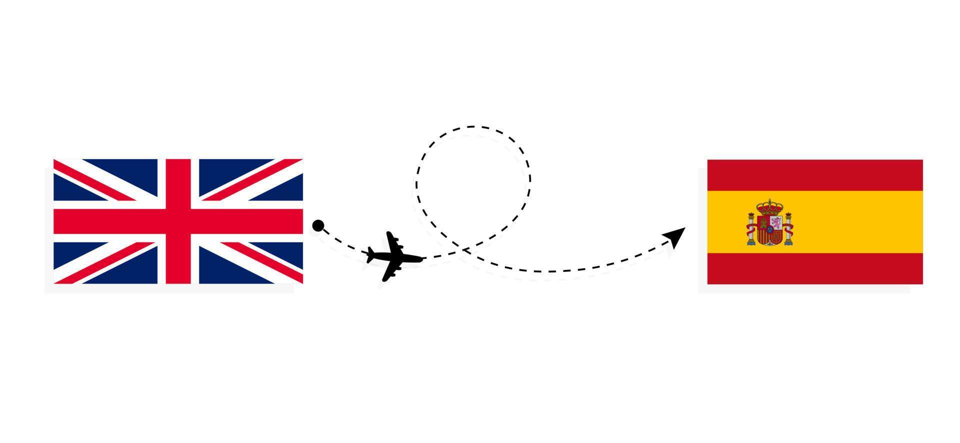 vlucht en reis van het verenigd koninkrijk van groot-brittannië naar spanje per passagiersvliegtuig reisconcept vector