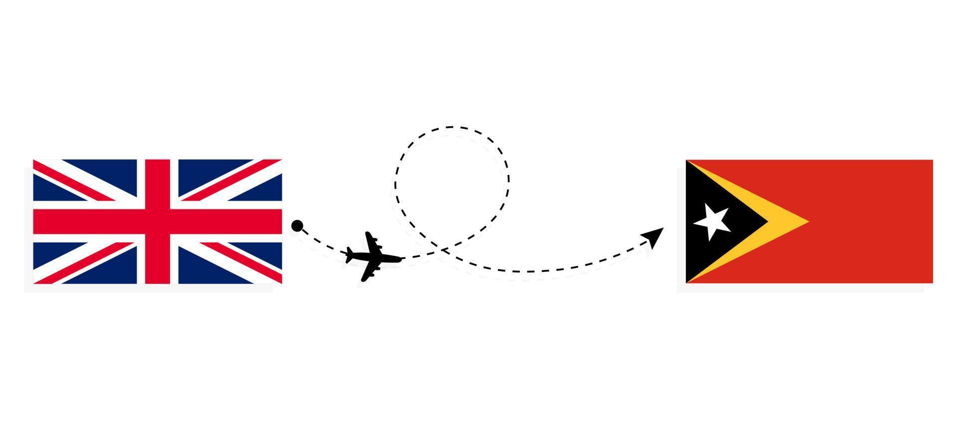vlucht en reis van het verenigd koninkrijk van groot-brittannië naar oost-timor per passagiersvliegtuig reisconcept vector