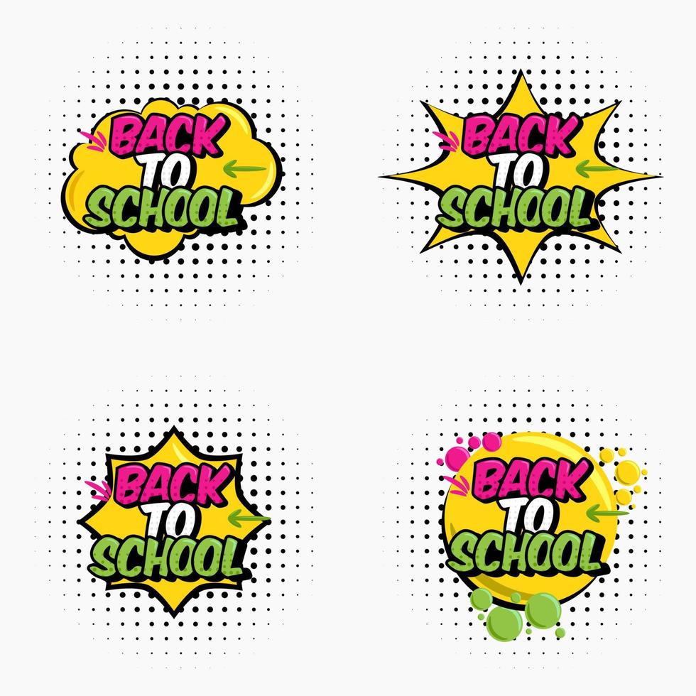 set van vectorillustratie. sms terug naar school. in de stijl van strips tekstballon. ontwerpelement voor het ontwerpen van folders, kaarten, enveloppen, covers, flyers verkoop. vector