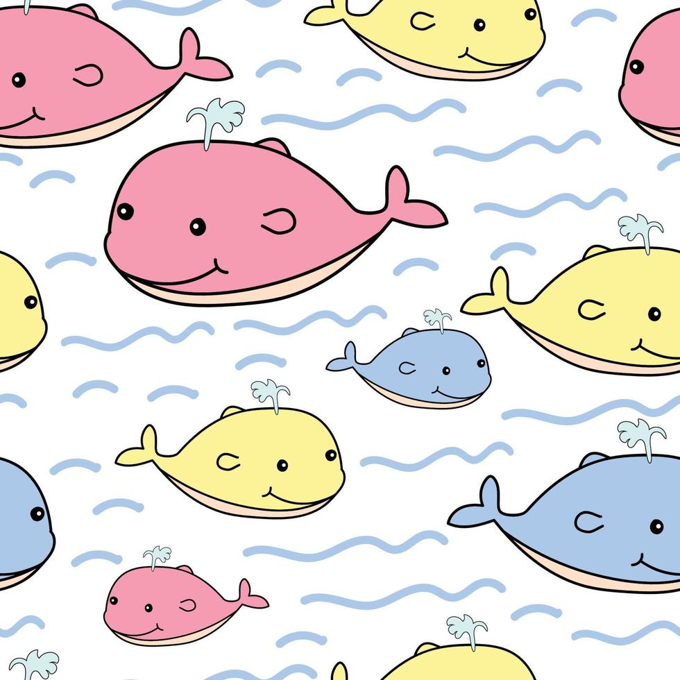 naadloze schattige veelkleurige walvis cartoon patroon achtergrond vector