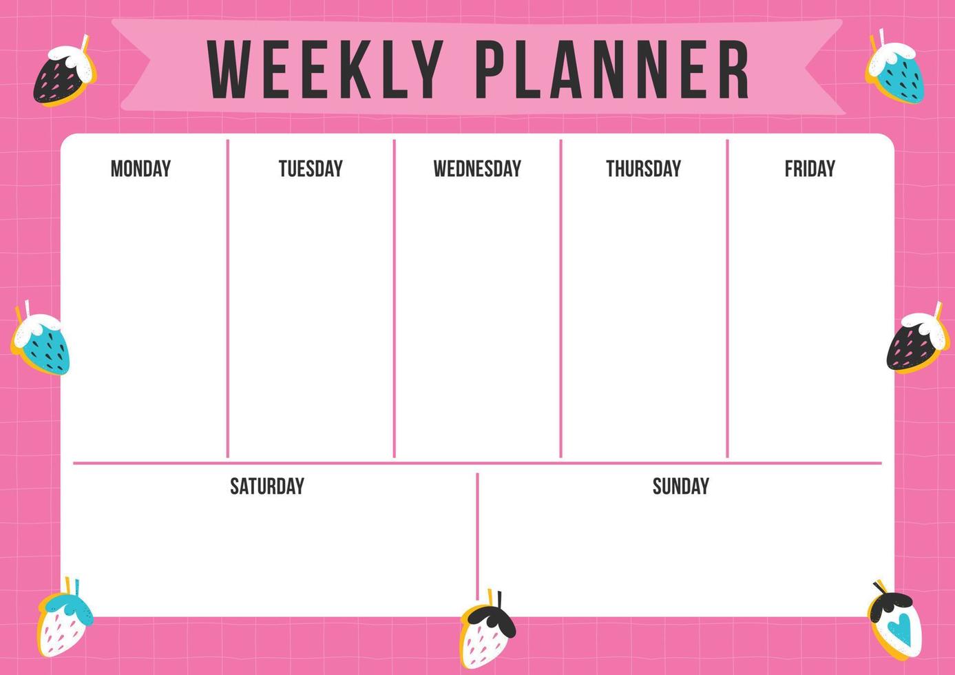 weekplanner met aardbei in stempelstijl. sjabloon met plaats voor notities. vectorillustratie om af te drukken, op kantoor, op school vector