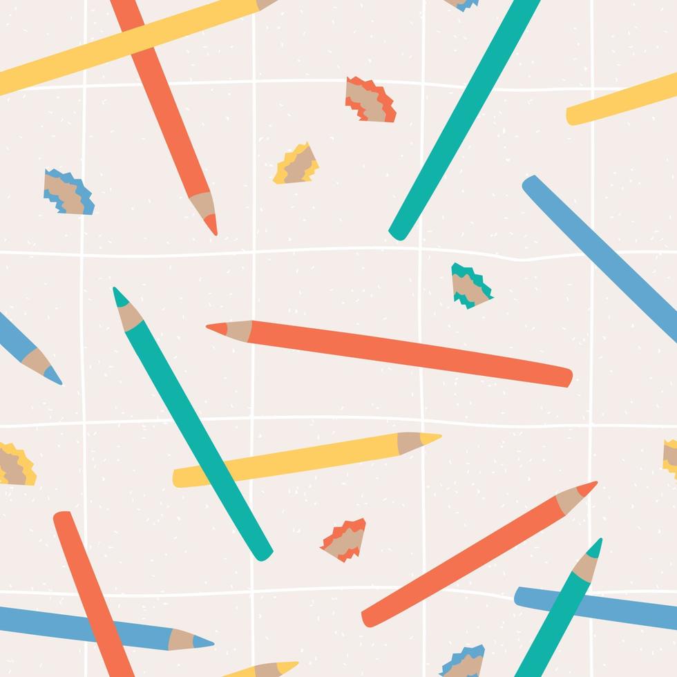 naadloos patroon met schattig handgetekende potlood in pastelkleuren. vectorillustratie in plat ontwerp op geruite achtergrond. terug naar school vector