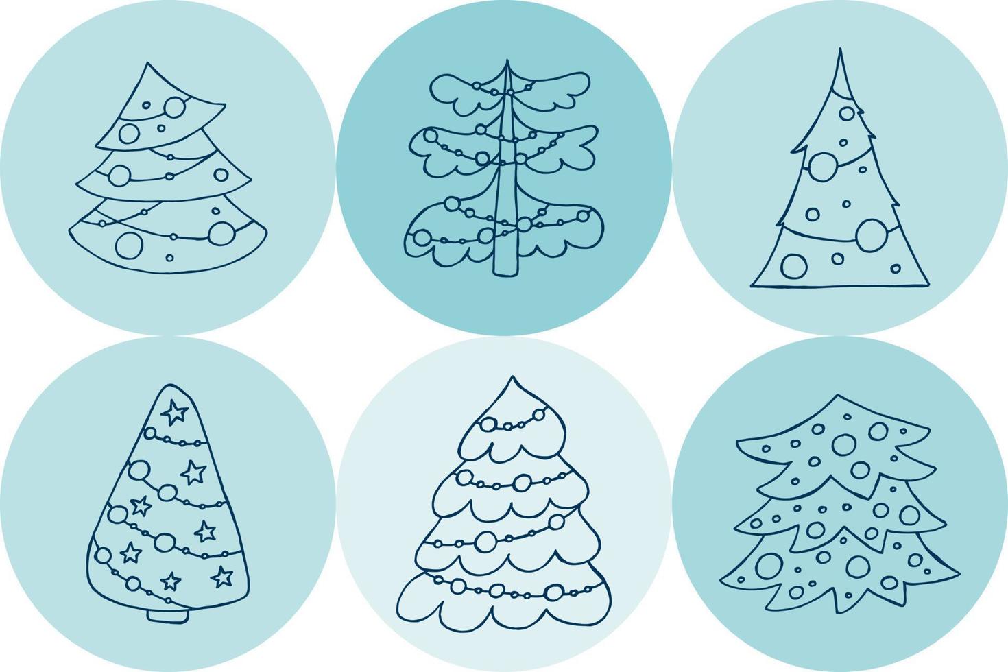 een set van handgetekende kerstbomen. vectorillustratie in doodle stijl. winterse stemming. hallo 2023. prettige kerstdagen en gelukkig nieuwjaar. blauwe elementen op een blauwe achtergrond. vector