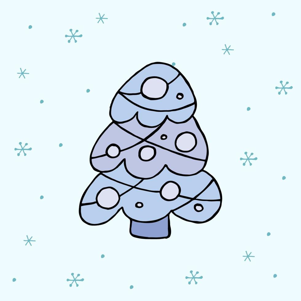 een handgetekende kerstboom. gekleurde vectorillustratie in doodle stijl. winterse stemming. hallo 2023. prettige kerstdagen en gelukkig nieuwjaar. blauwe boom met speelgoed op een achtergrond met sneeuwvlokken. vector