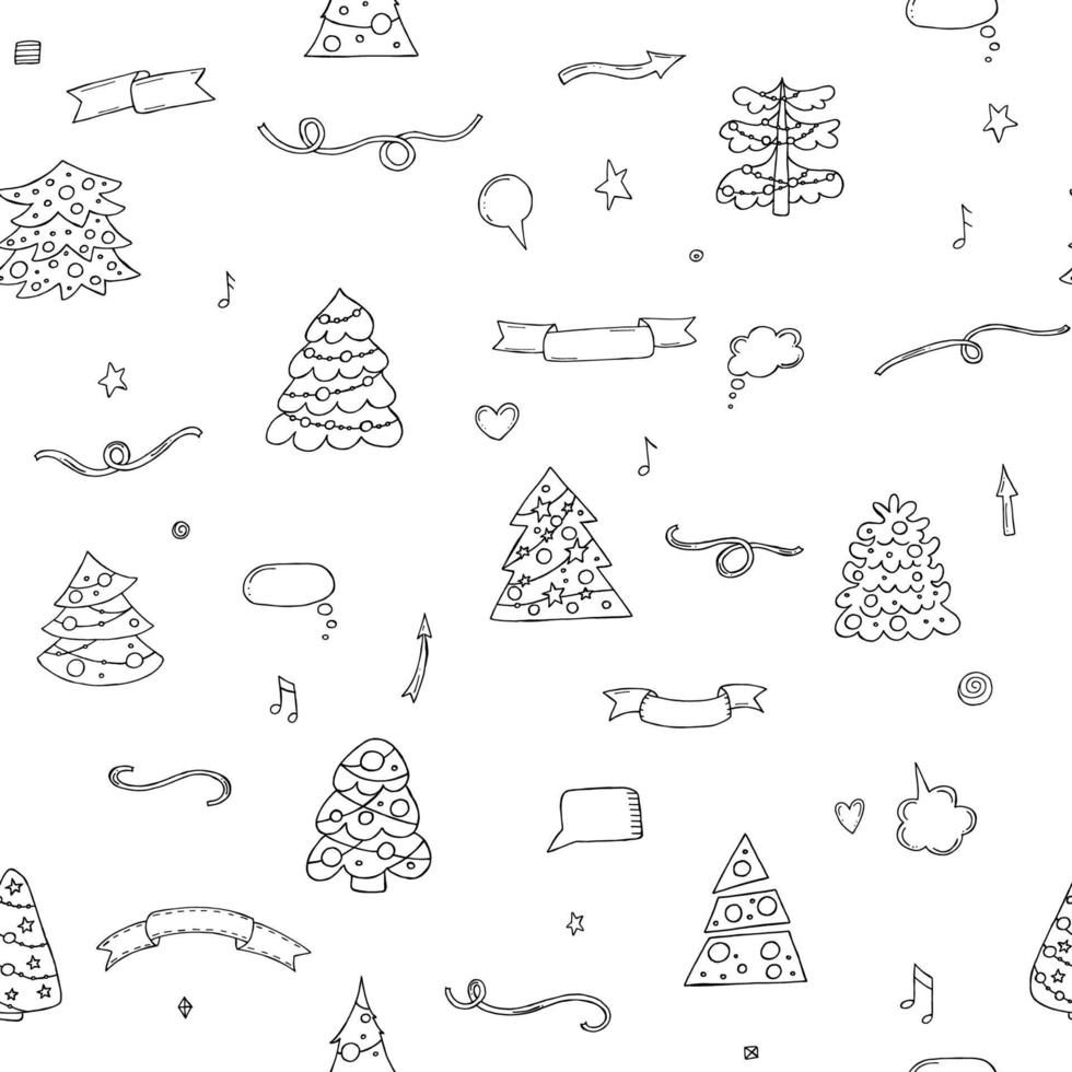kerstbomen en linten. naadloze patroon met een winter doodle elementen. winterse stemming. hallo 2023. prettige kerstdagen en gelukkig nieuwjaar. vector
