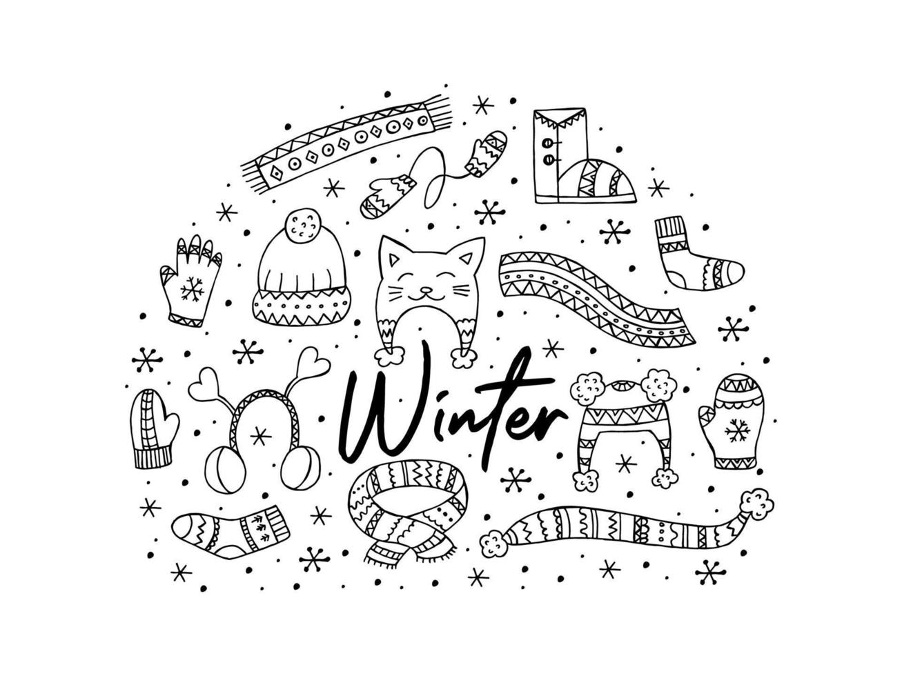 een set handgetekende winterkleding. vectorillustratie in doodle stijl. winterse stemming. hallo 2023. prettige kerstdagen en gelukkig nieuwjaar. zwarte elementen in de vorm van een cirkel op een witte achtergrond. vector