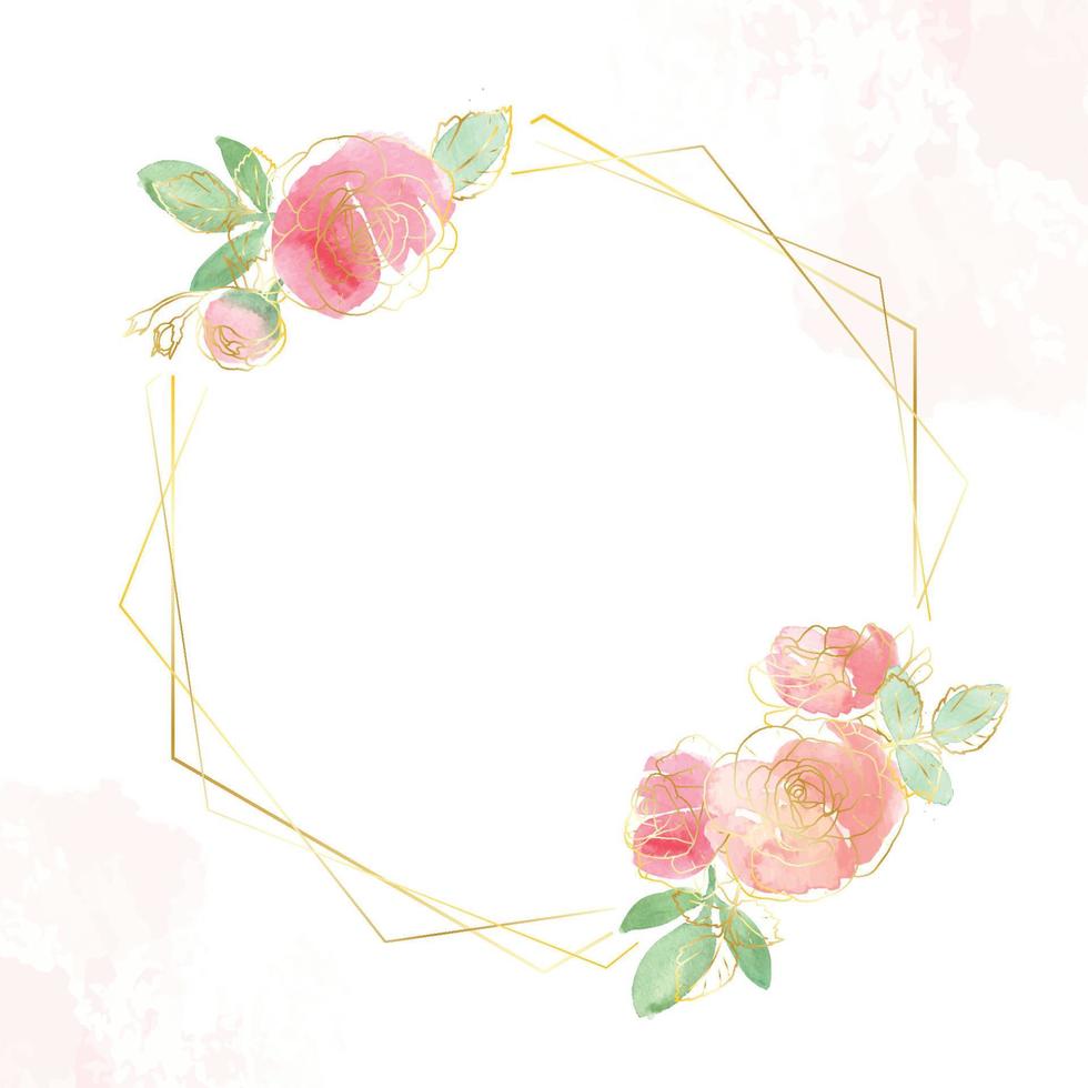 aquarel losse roos bloemboeket met gouden lijn kunst geometrie frame vierkante banner achtergrond vector