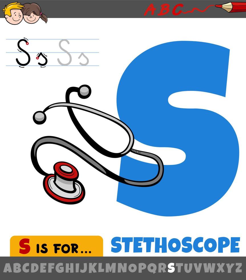letter s werkblad met cartoon stethoscoop medisch hulpmiddel vector