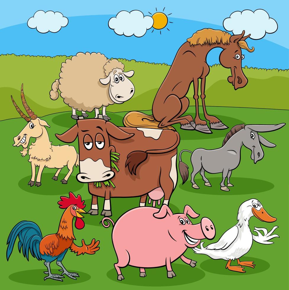 cartoon grappige boerderij dieren karakters groep vector