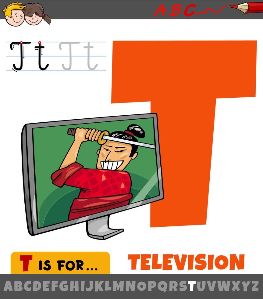 letter t uit alfabet met cartoon televisietoestel vector