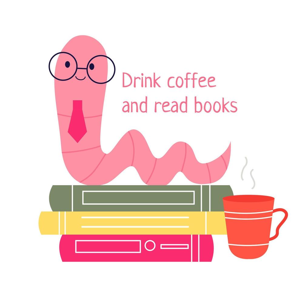 bookworm.handgetekende educatieve vectorillustraties van boekenwurm en books.drink koffie en lees boeken. cartoon stijl vector