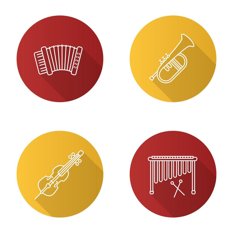muziekinstrumenten vlakke lineaire lange schaduw iconen set. accordeon, cello, marimba, bugel. vector overzicht illustratie