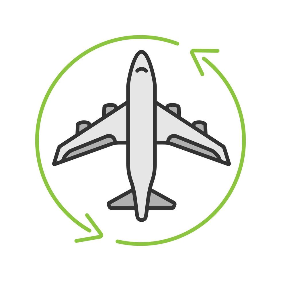 vlucht transit kleur pictogram. cirkel pijl met vliegtuig binnen. vliegtuig overstappen. beheer van vluchten. geïsoleerde vectorillustratie vector