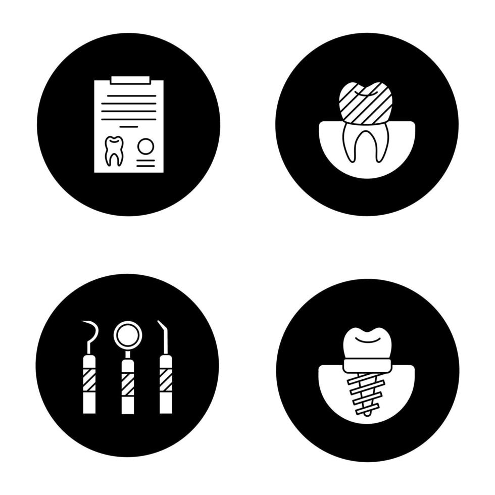 tandheelkunde glyph pictogrammen instellen. stomatologie. diagnostisch rapport, tandimplantaat en kroon, tandheelkundige instrumenten. vector witte silhouetten illustraties in zwarte cirkels
