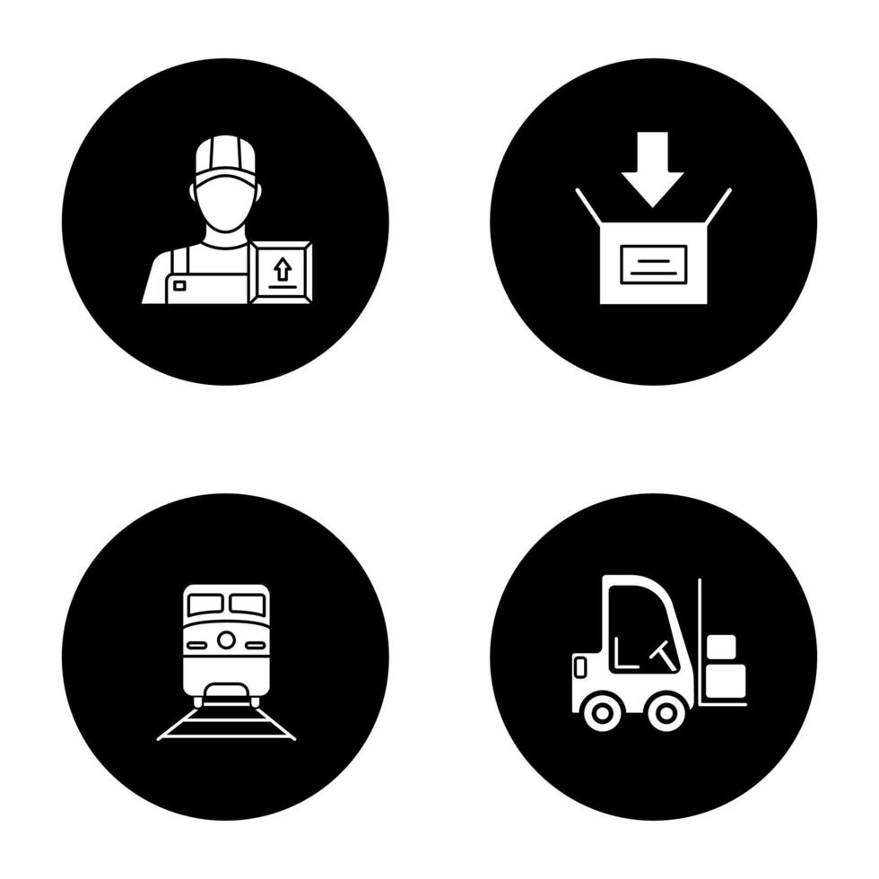 vracht verzending glyph pictogrammen instellen. bezorgservice. loader man, pakket inpakken, trein, heftruck. vector witte silhouetten illustraties in zwarte cirkels