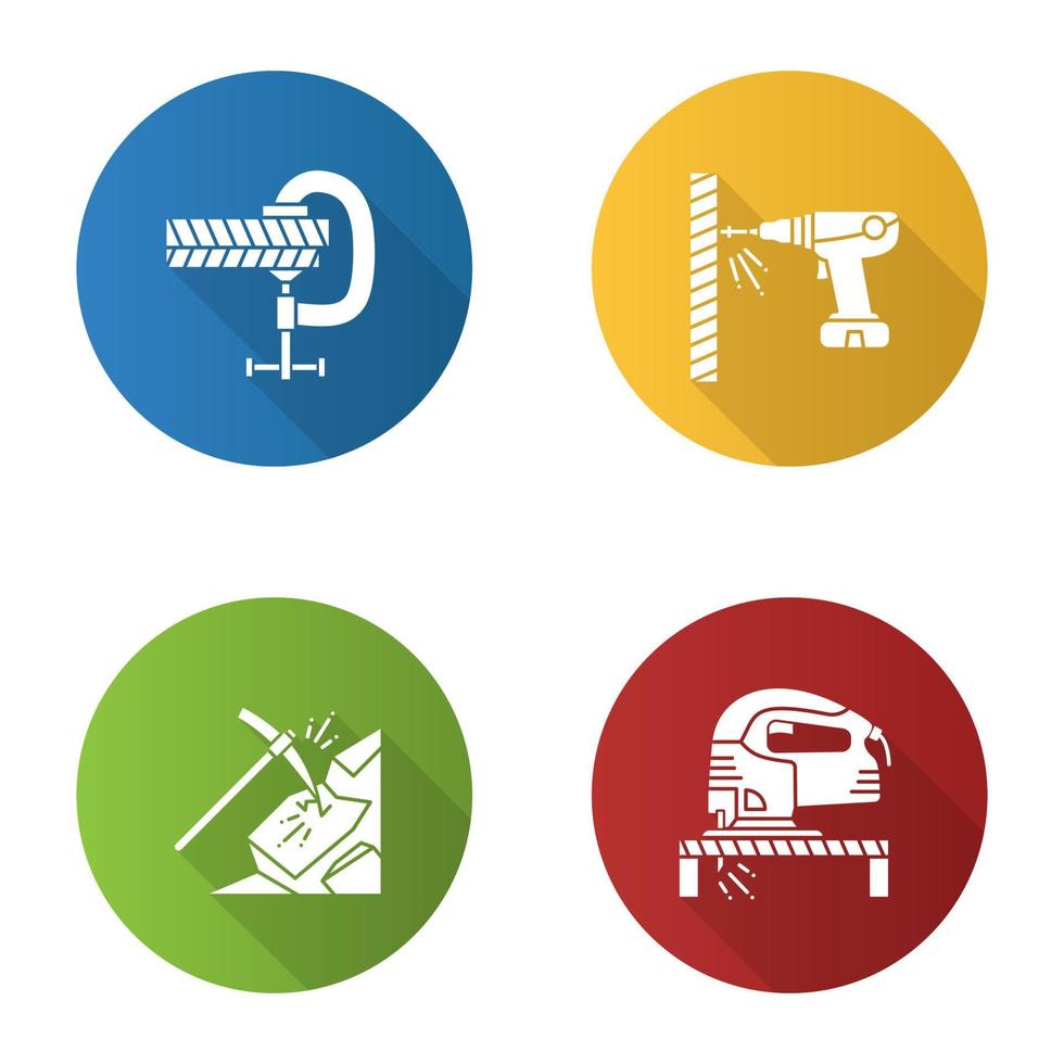 bouw tools platte ontwerp lange schaduw glyph pictogram. schroefklem, draagbare schroevendraaier, houweel, elektrische decoupeerzaag. vector silhouet illustratie