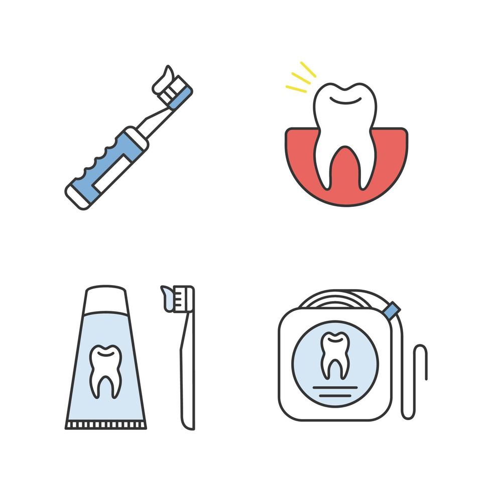 tandheelkunde gekleurde pictogrammen instellen. stomatologie. kiespijn, elektrische tandenborstel met tandpasta, tandpasta, tandzijde. geïsoleerde vectorillustraties vector