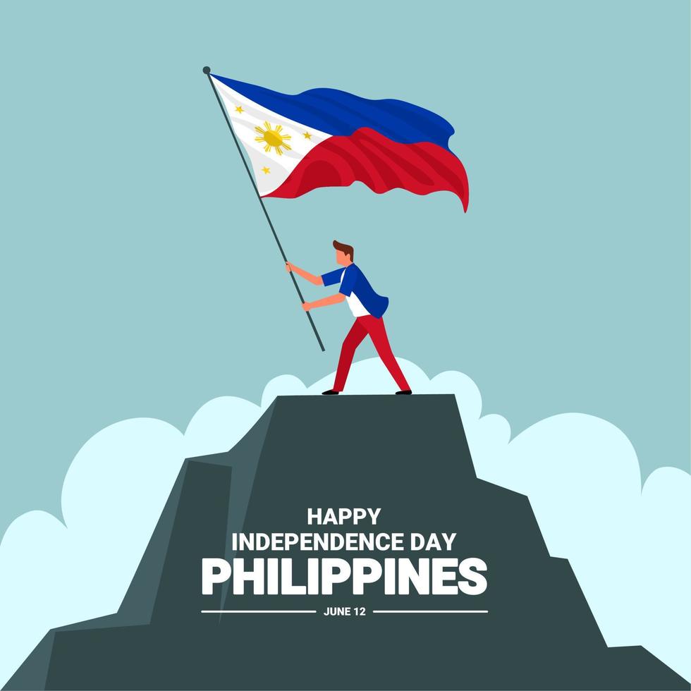 Filipijnen Onafhankelijkheidsdag banner, jonge man zwaaiende vlag op heuvel, als symbool van de onafhankelijkheid, vectorillustratie. vector