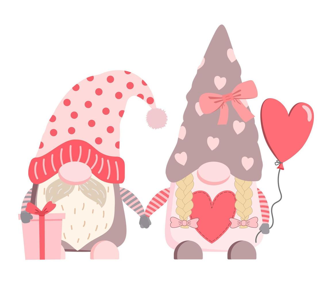 schattige cartoon valentijn kabouters in hoeden met cadeau en hartvormige ballon. feestelijke vectorillustratie. geïsoleerd op een witte achtergrond. vector