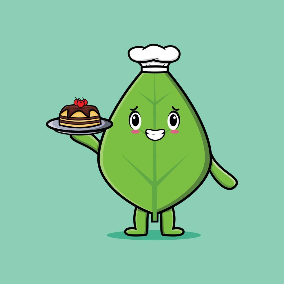 schattige cartoon chef-kok groen blad serveert cake op dienblad vector