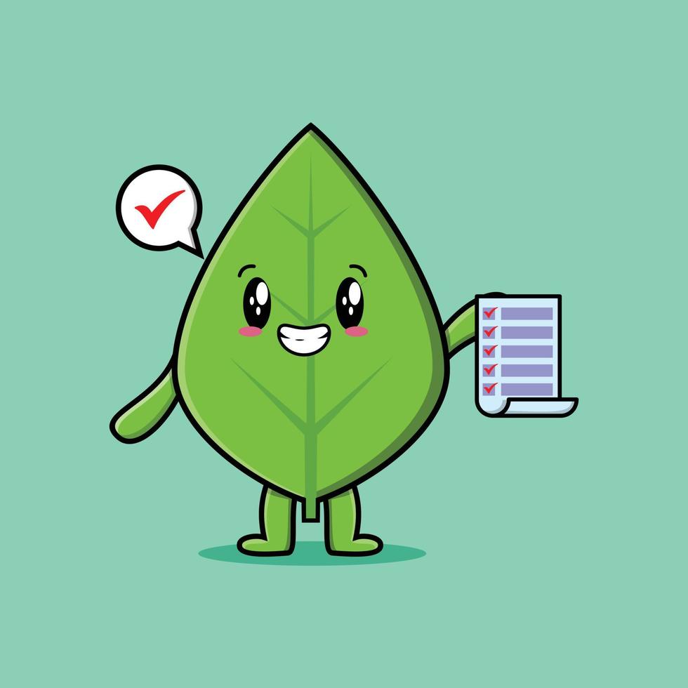 schattige cartoon groen blad met checklist notitie vector