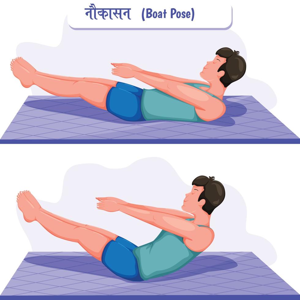 jongen maakt boot pose yoga op mat - naokaasan vector