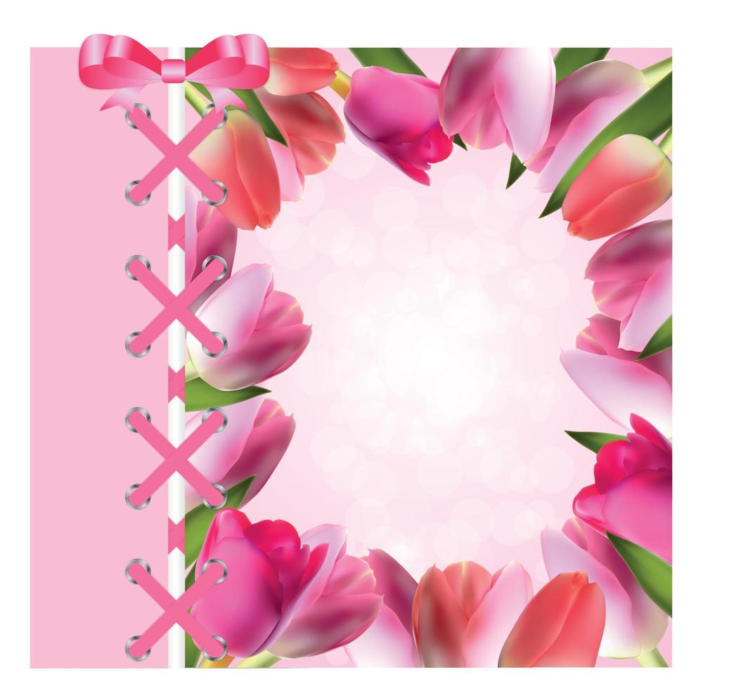 vintage frame met boog, lint en tulp folwers achtergrond. vector illustratie