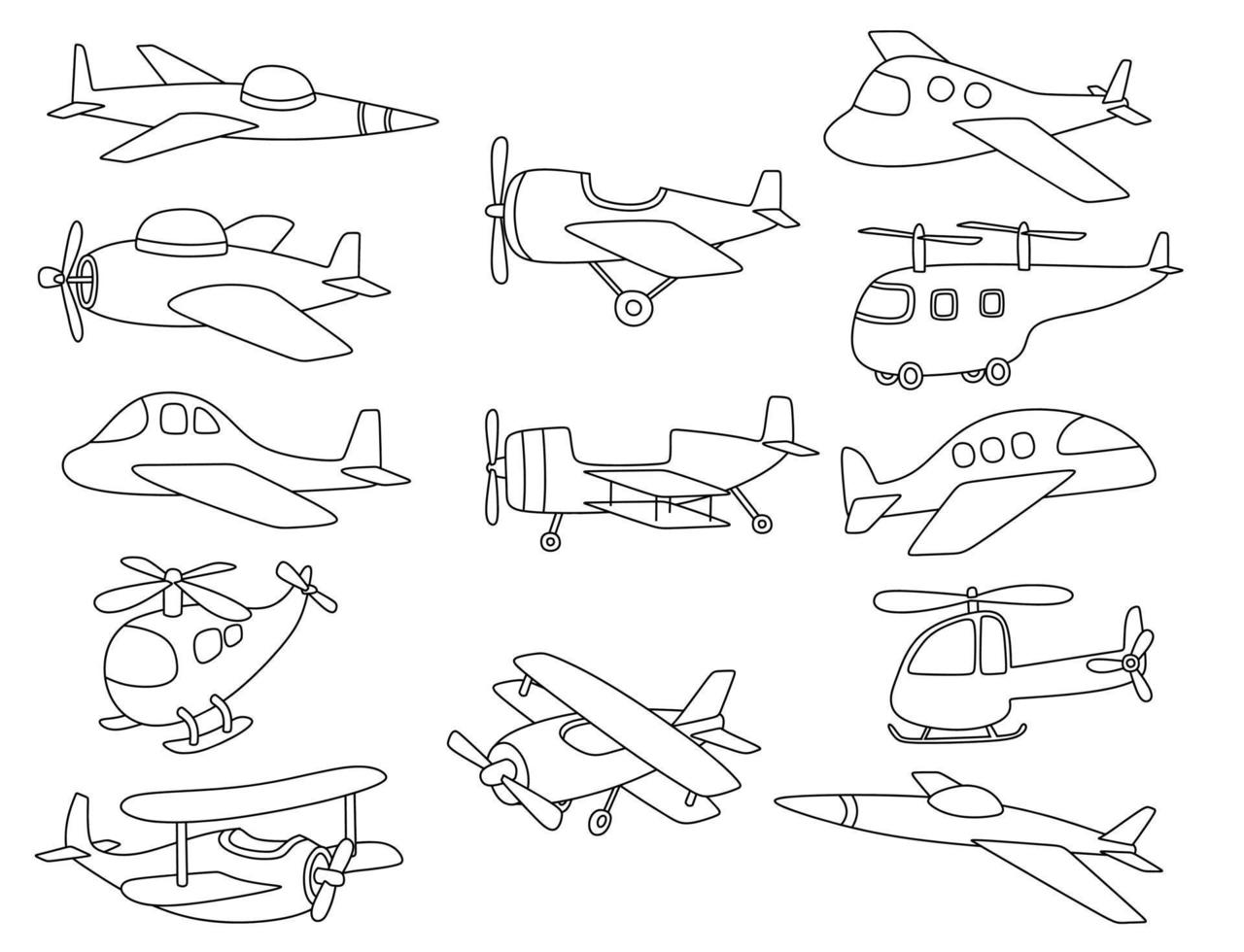 zwarte lijn doodle set schattig vliegtuig. vector