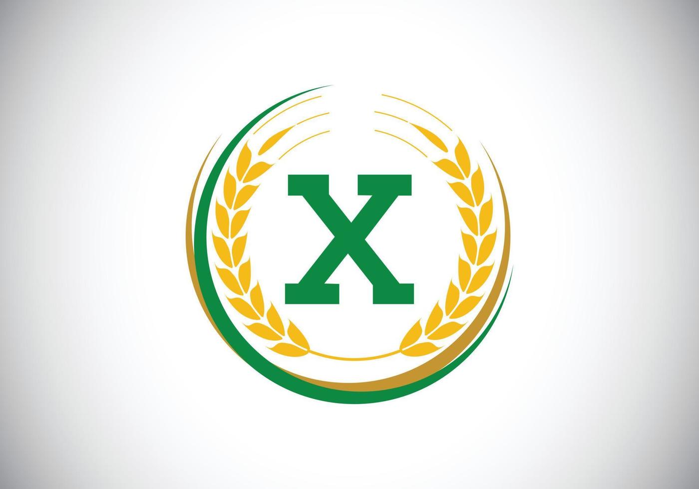 eerste letter x teken symbool met tarwe oren krans. biologische tarwe landbouw logo ontwerpconcept. landbouw logo vector ontwerpsjabloon.