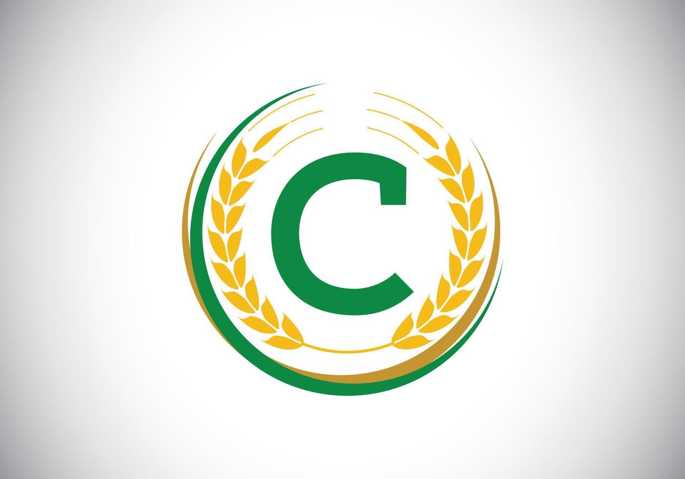 eerste letter c teken symbool met tarwe oren krans. biologische tarwe landbouw logo ontwerpconcept. landbouw logo vector ontwerpsjabloon.