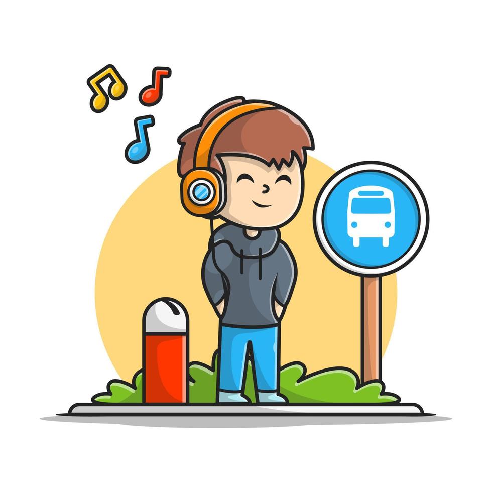 gelukkige jongen muziek luisteren met koptelefoon en wachten op de bus in halte cartoon vector pictogram illustratie. vervoer mensen pictogram concept geïsoleerde premium vector. platte cartoonstijl