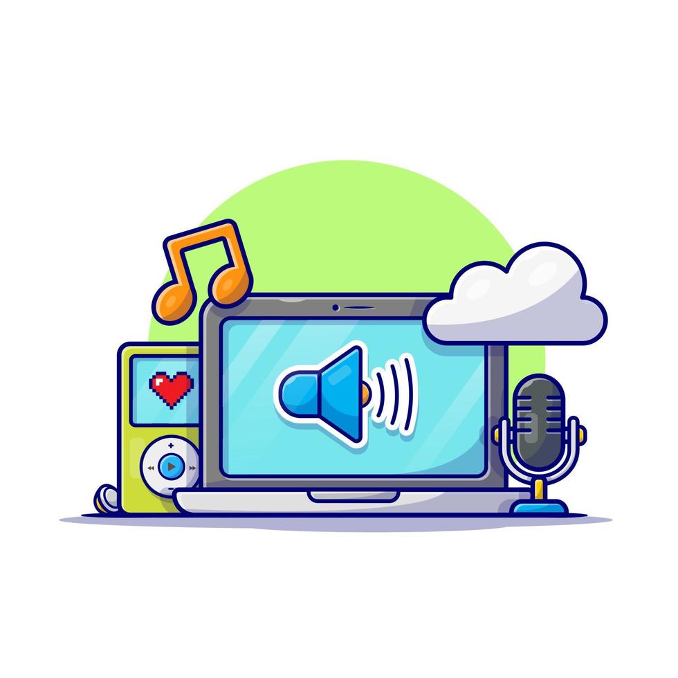 cloud muziek met laptop, microfoon, muziekspeler en notitie van muziek cartoon vector pictogram illustratie. technologie kunst pictogram concept geïsoleerde premium vector. platte cartoonstijl