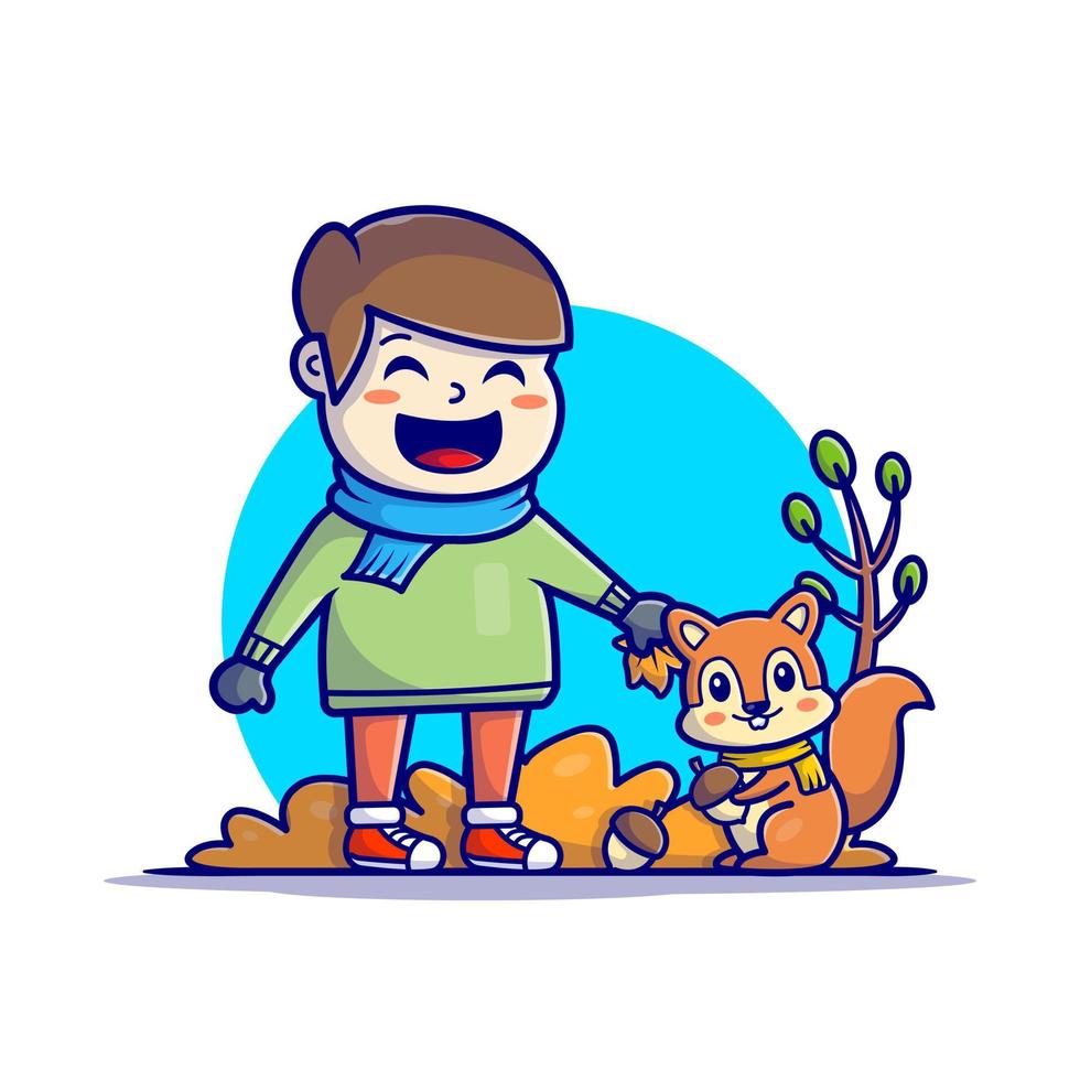 gelukkige schattige jongen met schattige eekhoorn en eikels cartoon vector pictogram illustratie. mensen dier pictogram concept geïsoleerde premium vector. platte cartoonstijl