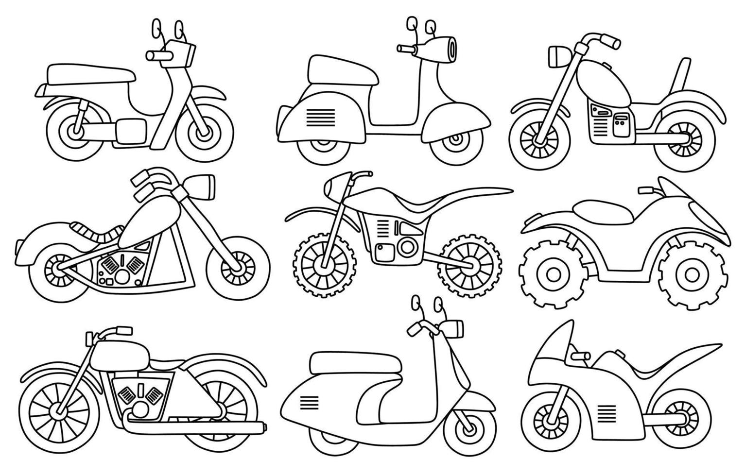 zwarte lijn doodle set van schattige motorfiets. vector