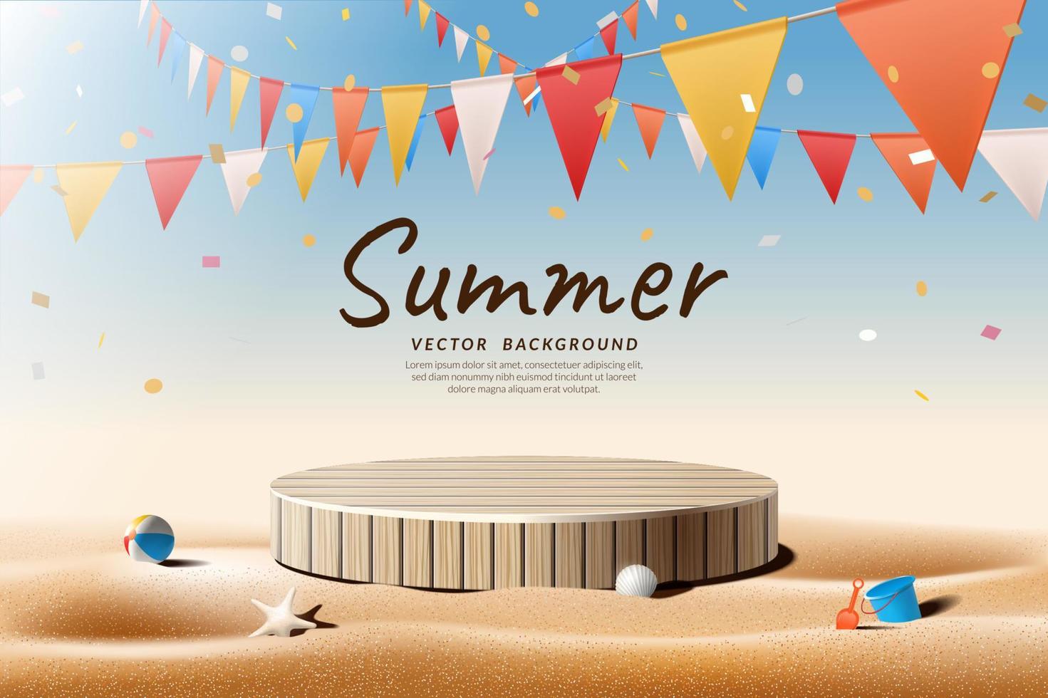 houten podium op strand concept overdag feestontwerp voor productweergave. vector illustratie