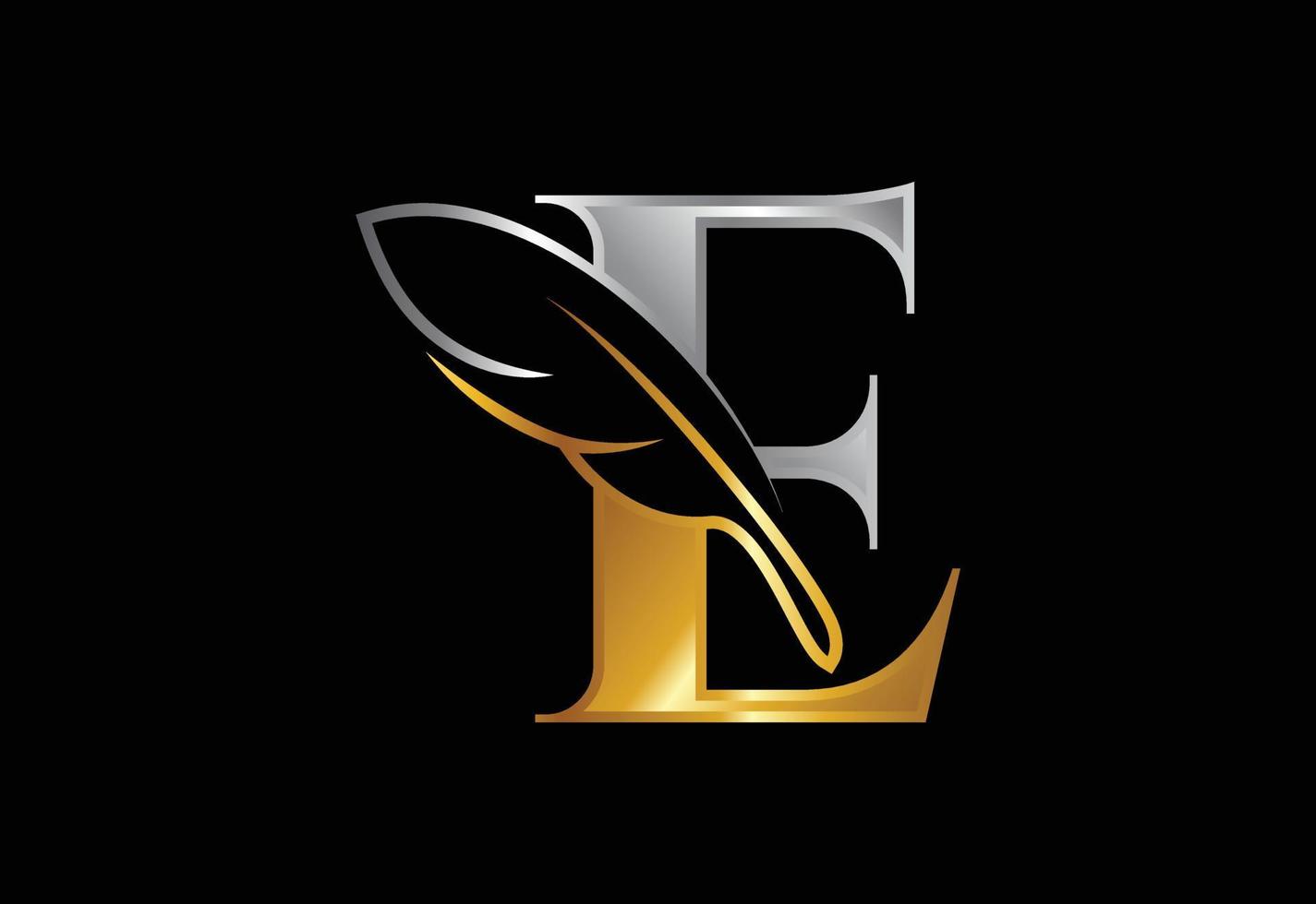 eerste e alfabet met een veer. advocatenkantoor pictogram teken symbool. logo voor een schrijver of uitgever vector