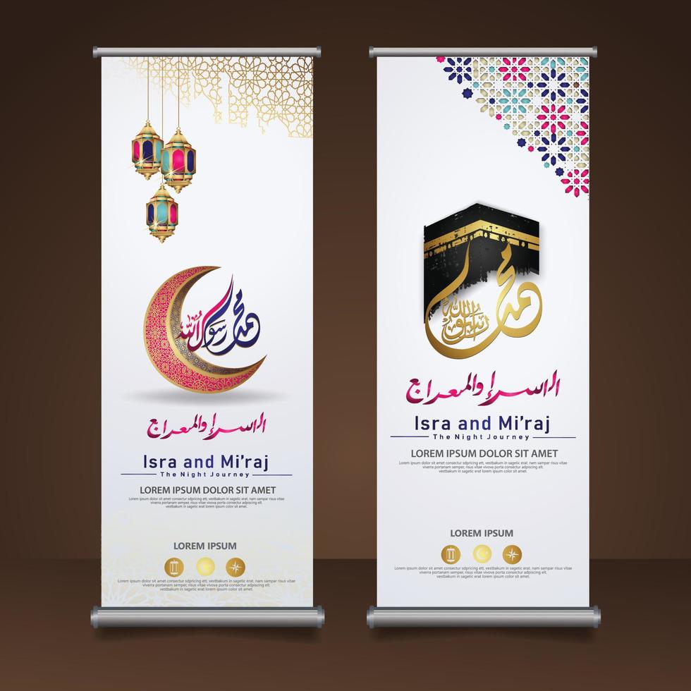 al-isra wal mi'raj profeet mohammed kalligrafie set roll-up banner sjabloon met hand getrokken ka'aba, wassende maan en traditionele lantaarn met decoratieve kleurrijke mozaïek islamitische achtergrond vector