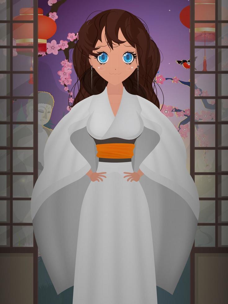 vrouwen in een lange witte zijden kimono, zomerkimono, zijden huiskleding, bruidsmeisjeskleding, natuurlijk gewaad. cartoon-stijl. vector