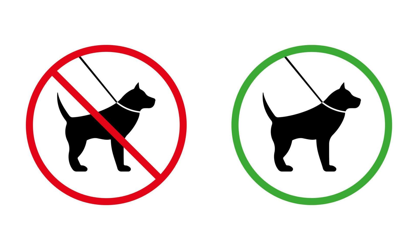 huisdier aan de lijn lopen zone verboden pictogram. verbod wandelen hond zwart silhouet pictogram. laat lopen dier rood symbool. toestemming om te wandelen huisdier wandelgebied groene cirkel teken. geïsoleerde vectorillustratie. vector