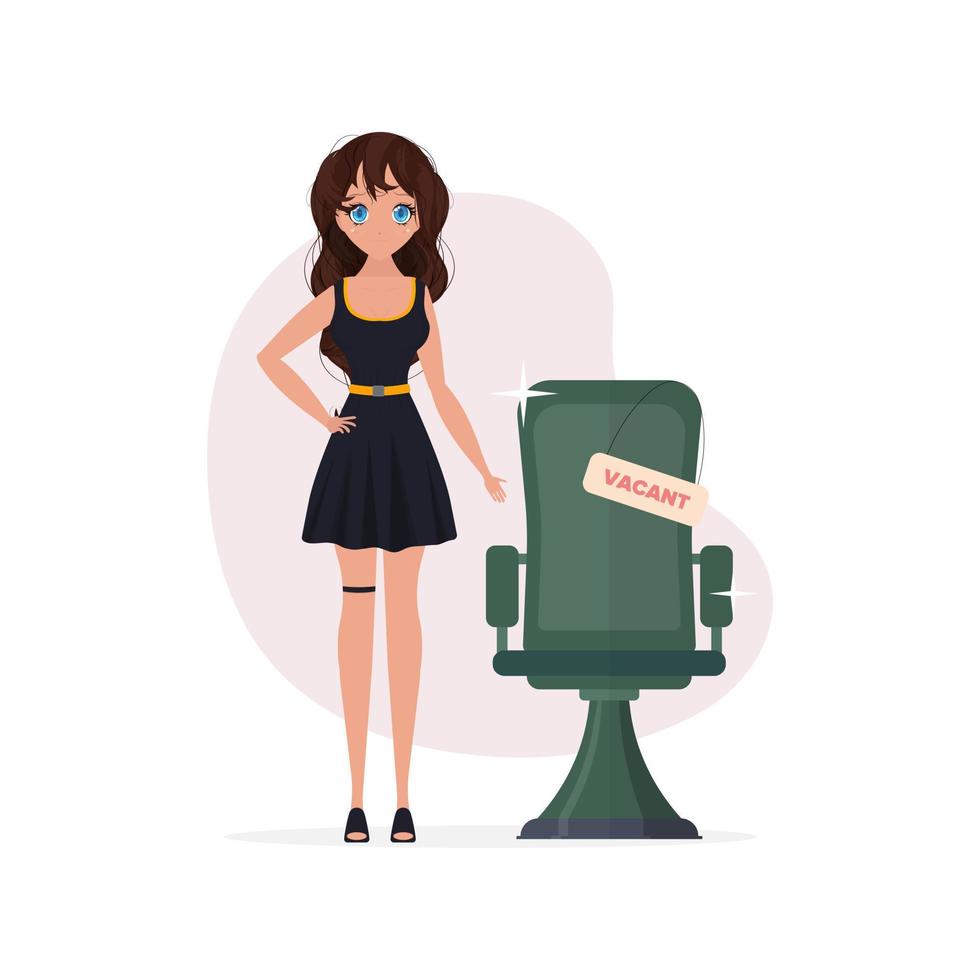het meisje is op zoek naar een werknemer. eenvoudig en trendy vectorconceptontwerp. vriendelijke zakenvrouw die naast een stoel staat met een leeg bord. vector