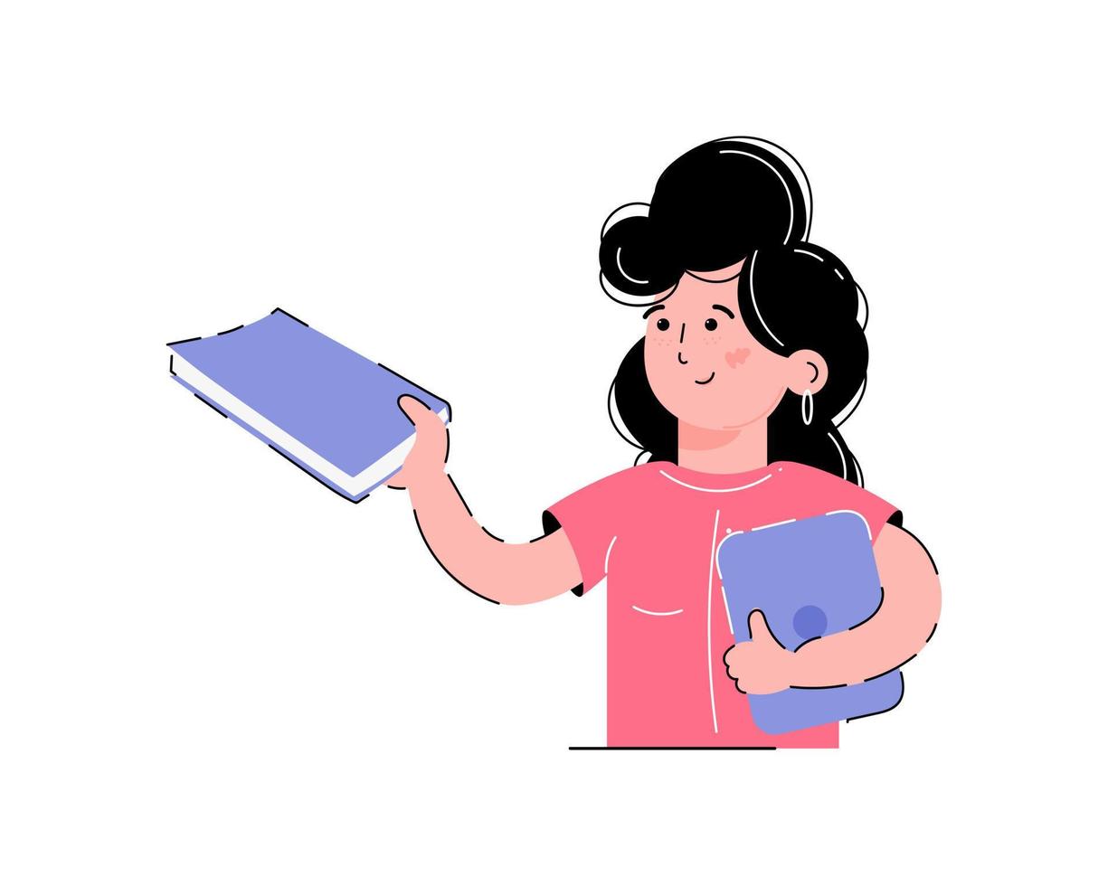 het meisje houdt een boek en een laptop in haar handen. begrip leren. geïsoleerd op een witte achtergrond. trendy platte vectorstijl. vector