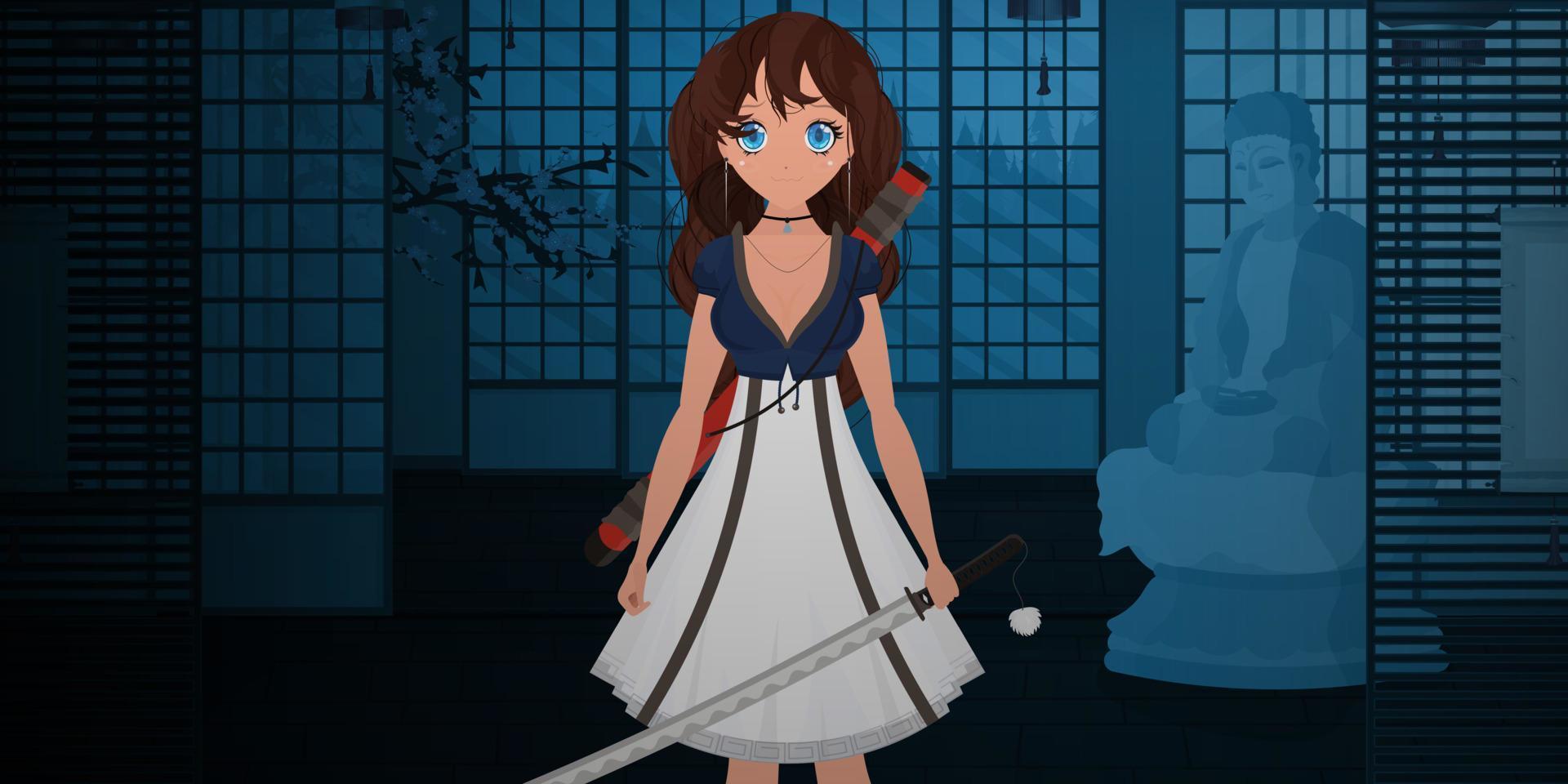 een meisje met een katana in een blauw-witte jurk staat, de nacht in een Japanse kamer. anime samoerai vrouw. cartoon-stijl, vectorillustratie. vector